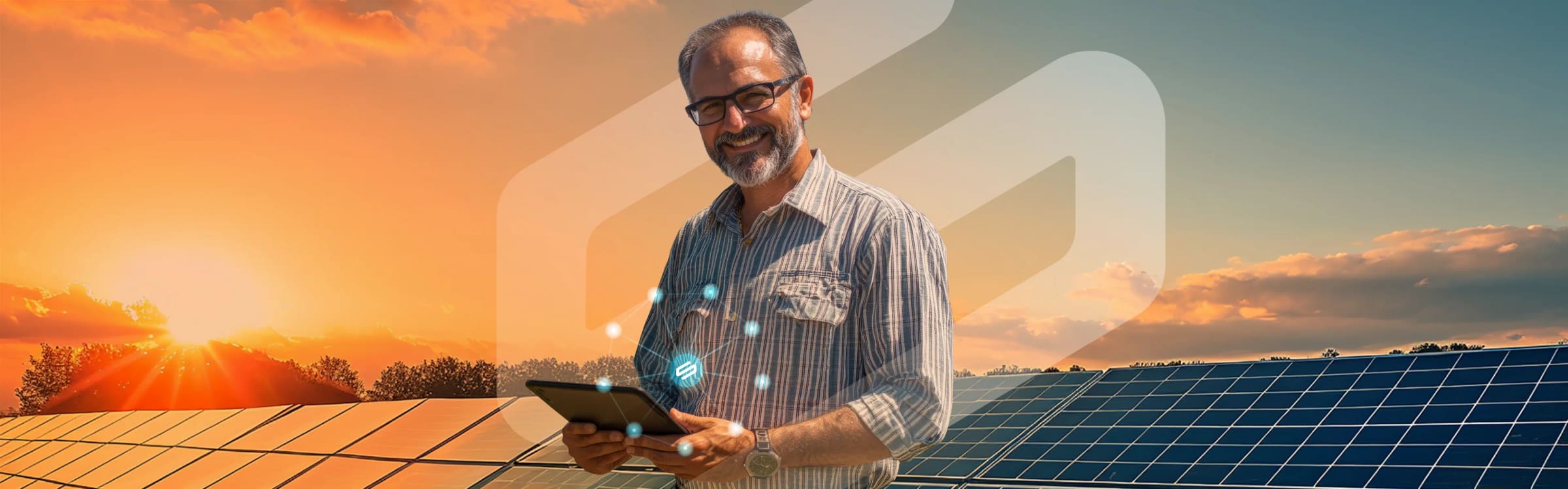 Integrador solar com tablet ao pôr do sol